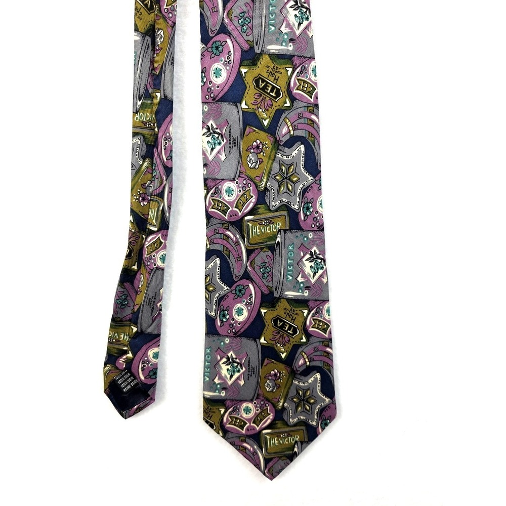 Bachrach Silk Necktie Men 62" Long Purple Tea Victor Novelty Print Made in Italy